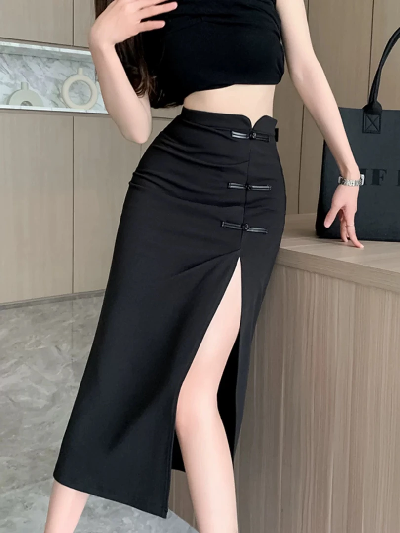 瑕疵款 夏季包臀裙显瘦中腰中长款高腰半身裙修身开叉性感新中式