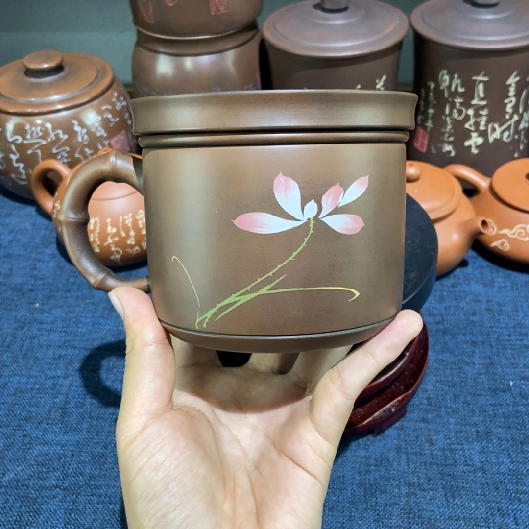 8建水紫陶手工彩填办工杯350带茶漏