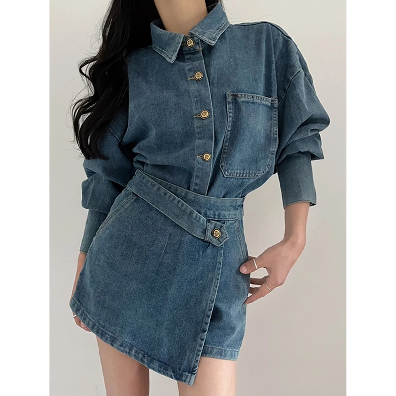 甜酷个性牛仔衬衫外套设计感别致长袖上衣高腰半身裙短裤裙套装女