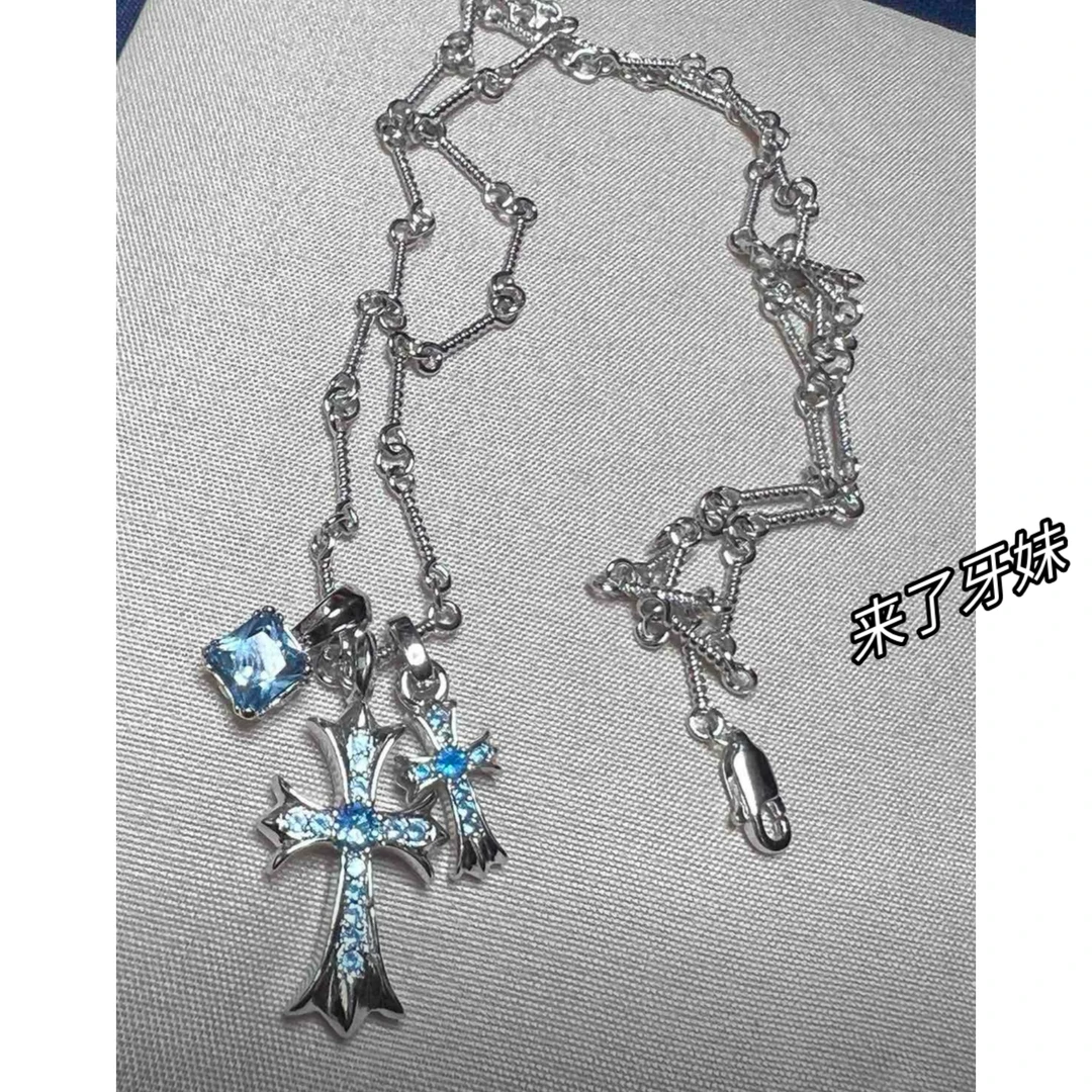 合金项链 方糖双十银蓝项链XL136简约气质轻奢时尚百搭小众