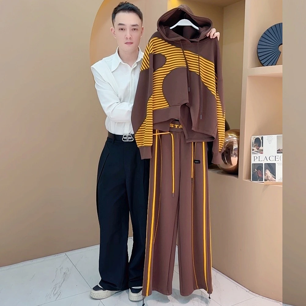 【韩哥女装】咖色条纹拼色定制欧货运动卫衣套装5798A