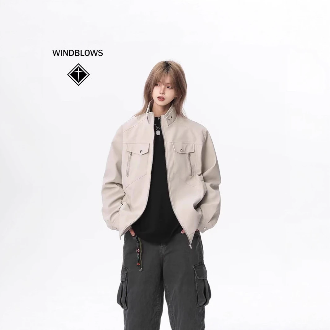 WIND BLOWS美式复古立领工装夹克2025春秋季男女装潮牌PU皮衣外套