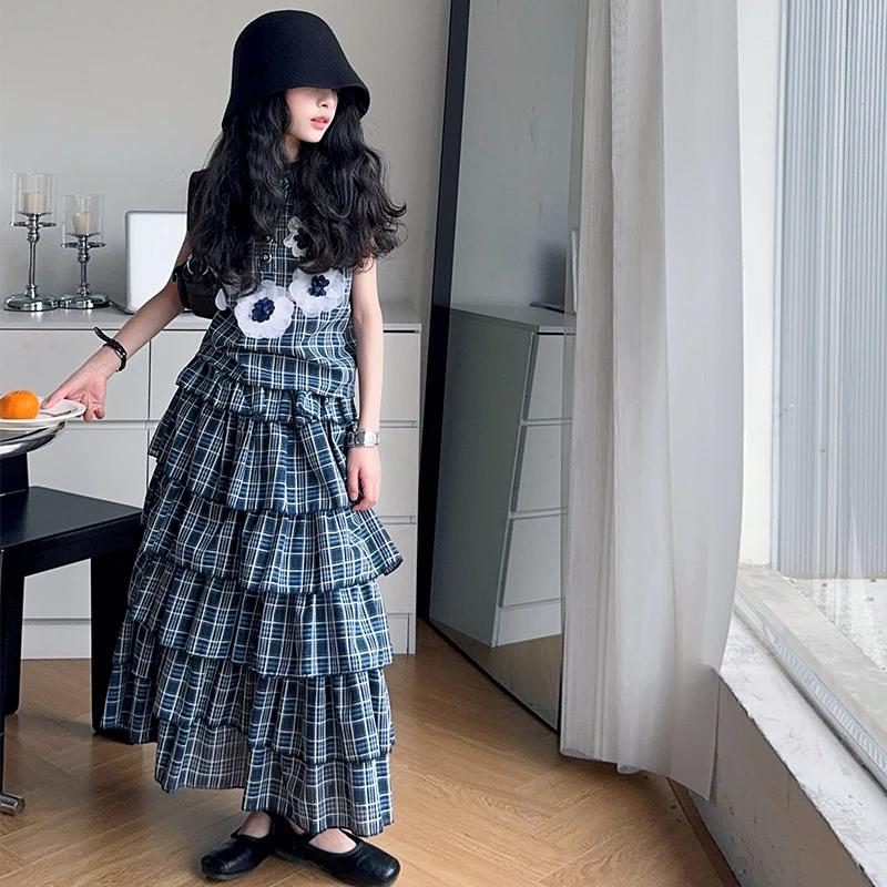【毛妈潮牌】女童夏装气质格子裙套装2025中大童法式蛋糕裙两件套