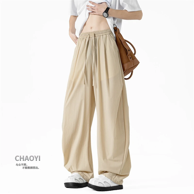 美式潮牌冰丝弯刀裤子男款夏薄款宽松垂感阔腿长裤男生痞帅休闲裤