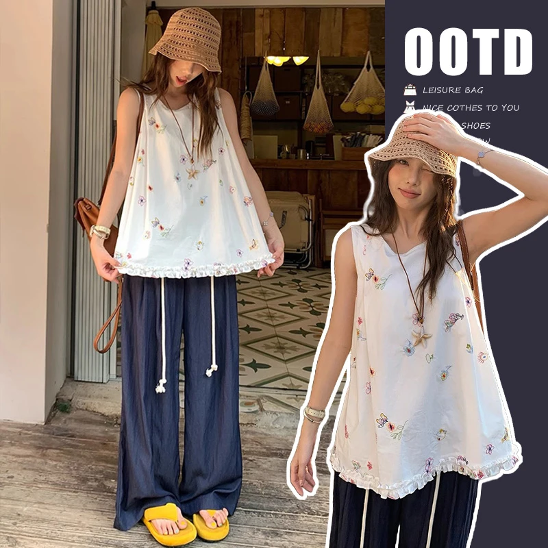 孕妇套装2025夏季新品韩版彩色小花刺绣上衣+休闲长裤两件套套装