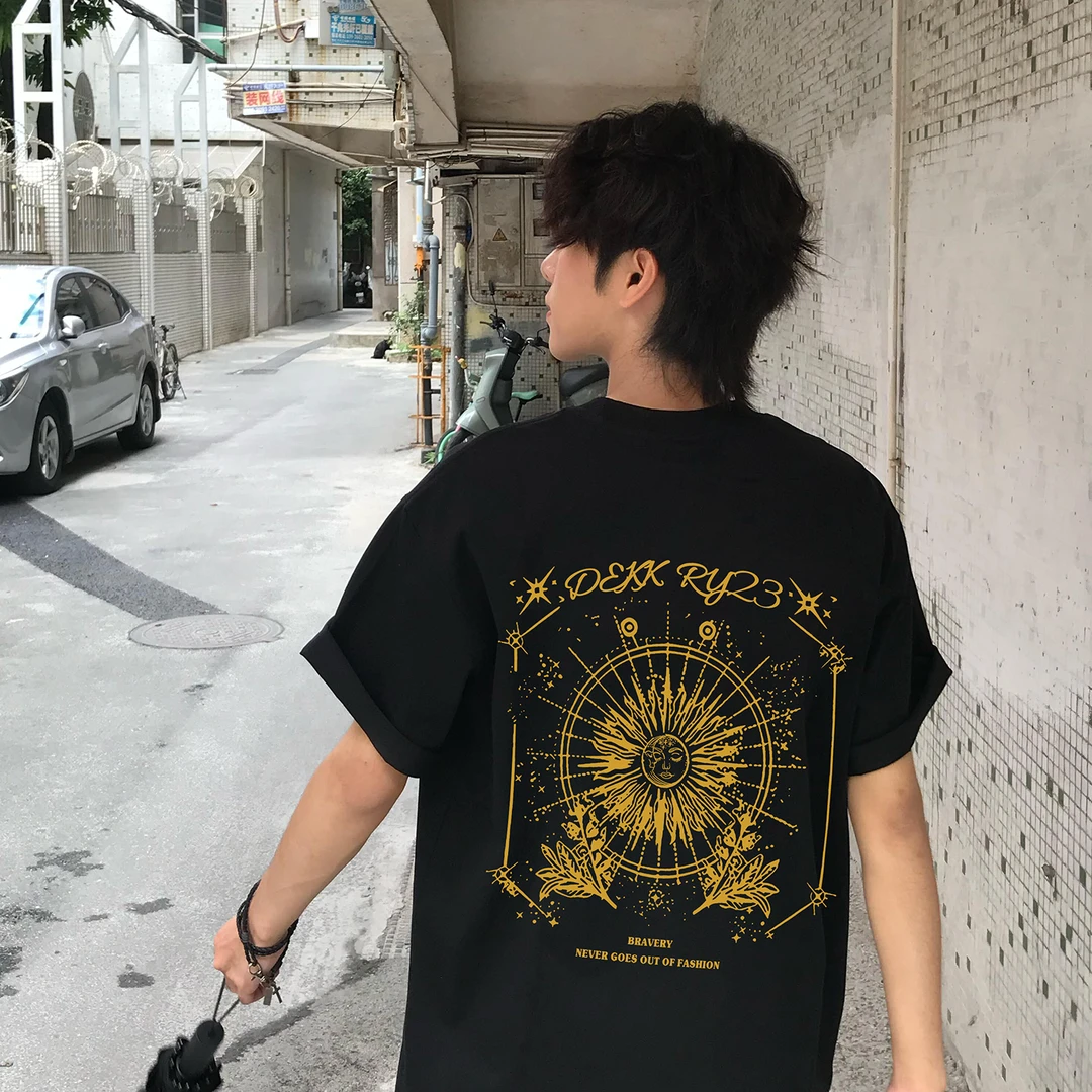 100%纯棉美式设计感图案印花短袖T恤男女夏季休闲百搭情侣上衣