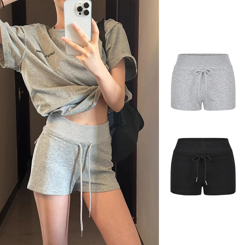 Moses Queen/魔西女王灰色运动短裤女薄款高腰抽绳休闲裤显瘦热裤