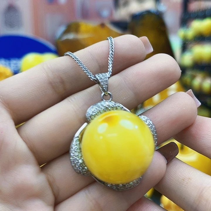 银S925镶嵌琥珀戒指吊坠