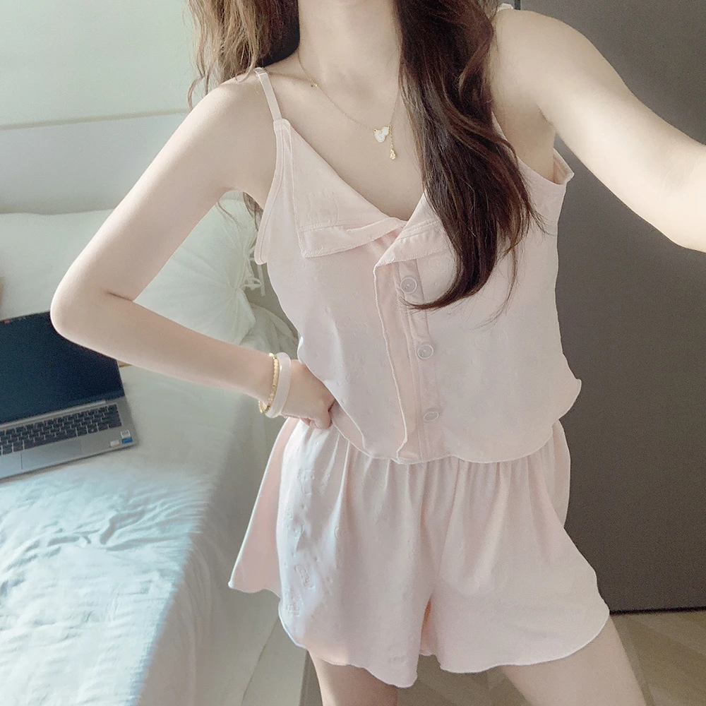 【带胸垫一体】吊带睡衣女款夏季薄款天丝棉性感背心短裤家居服套装