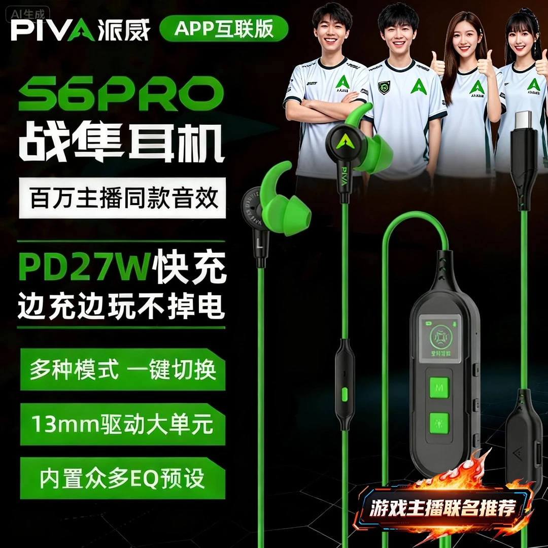 piva派威s6pro耳机声卡EQ调音PD充电屏显typec入耳式电竞游戏耳机