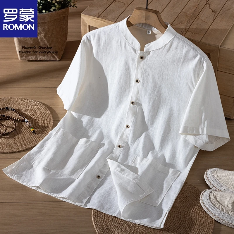 罗蒙2025新款夏宽松透气棉麻中式立领苎麻短袖休闲中国风薄款衬衣