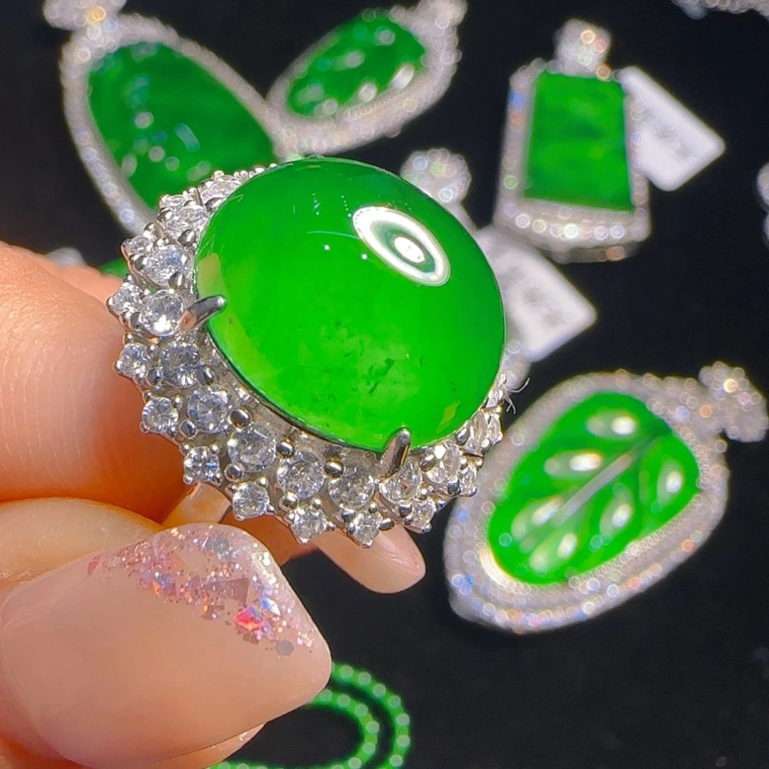 翡翠戒指银S925镶嵌天然