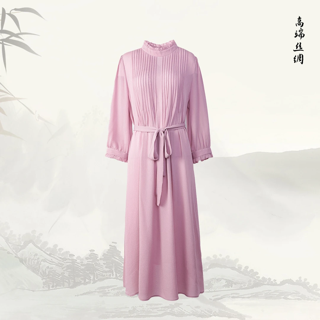 桑蚕丝气质连衣裙素色修身裙子中长裙 23077