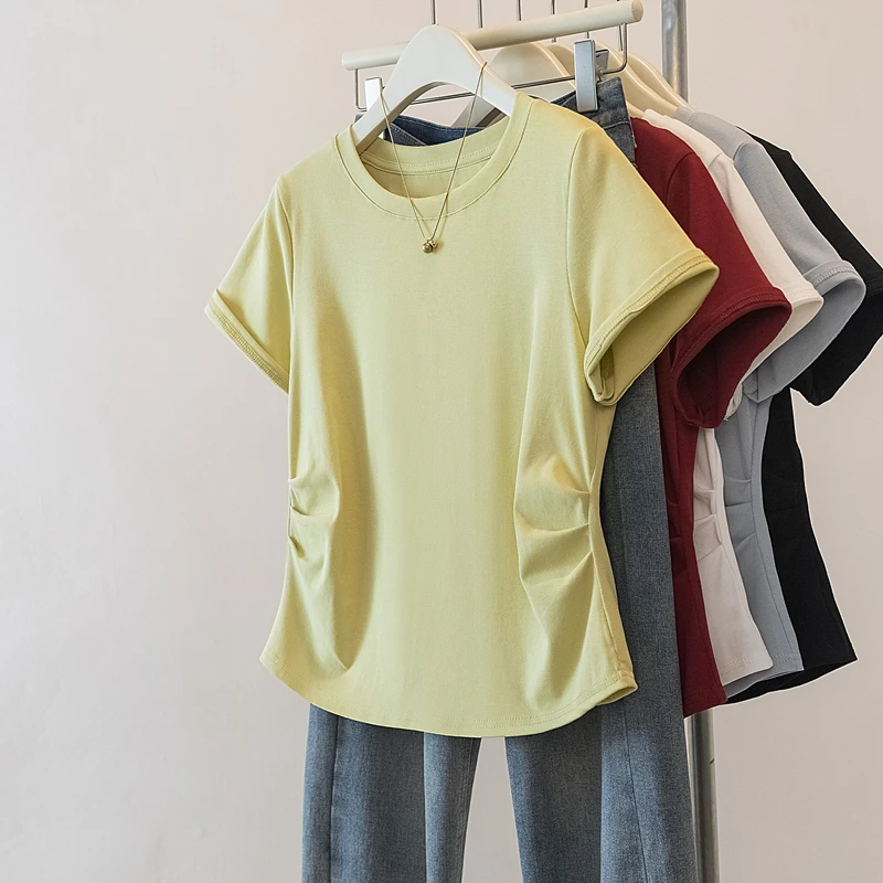 正肩短袖T恤女装夏季纯色设计感收腰夏季新款上衣潮财阀千金女装