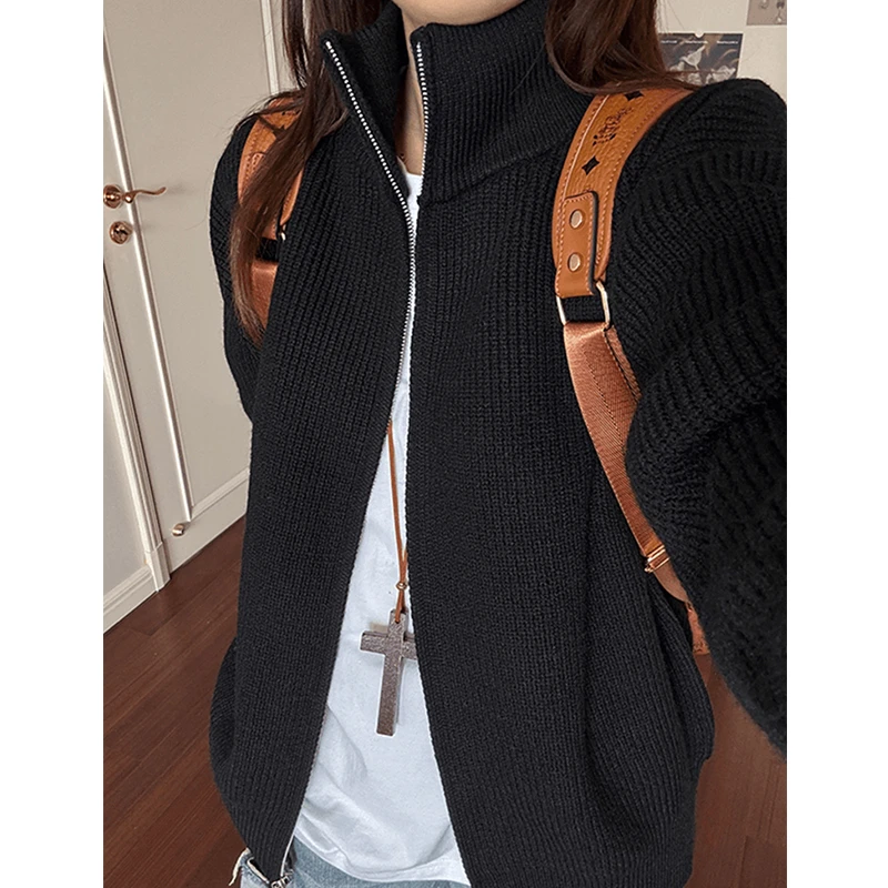 美式cleanfit黑色双拉链开衫立领毛衣男秋季慵懒松弛感针织衫外套