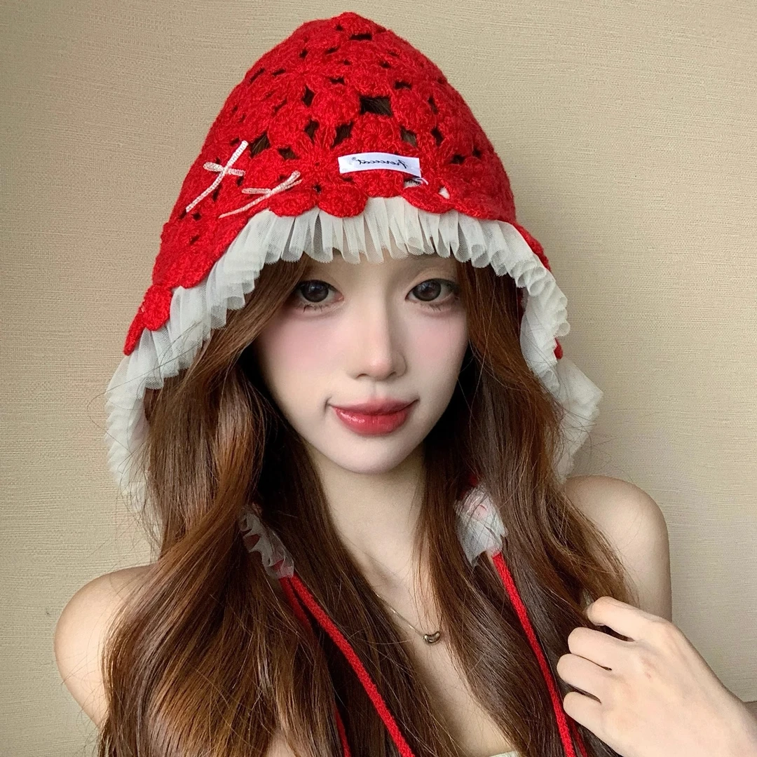 手工钩花蕾丝花边针织帽子女波西米亚民族风流苏帽子出游时尚百搭