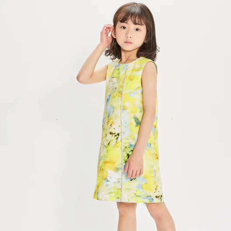 童装春季新品女童无袖背心连衣裙晕染花版连衣裙镶钻修身2Z15045