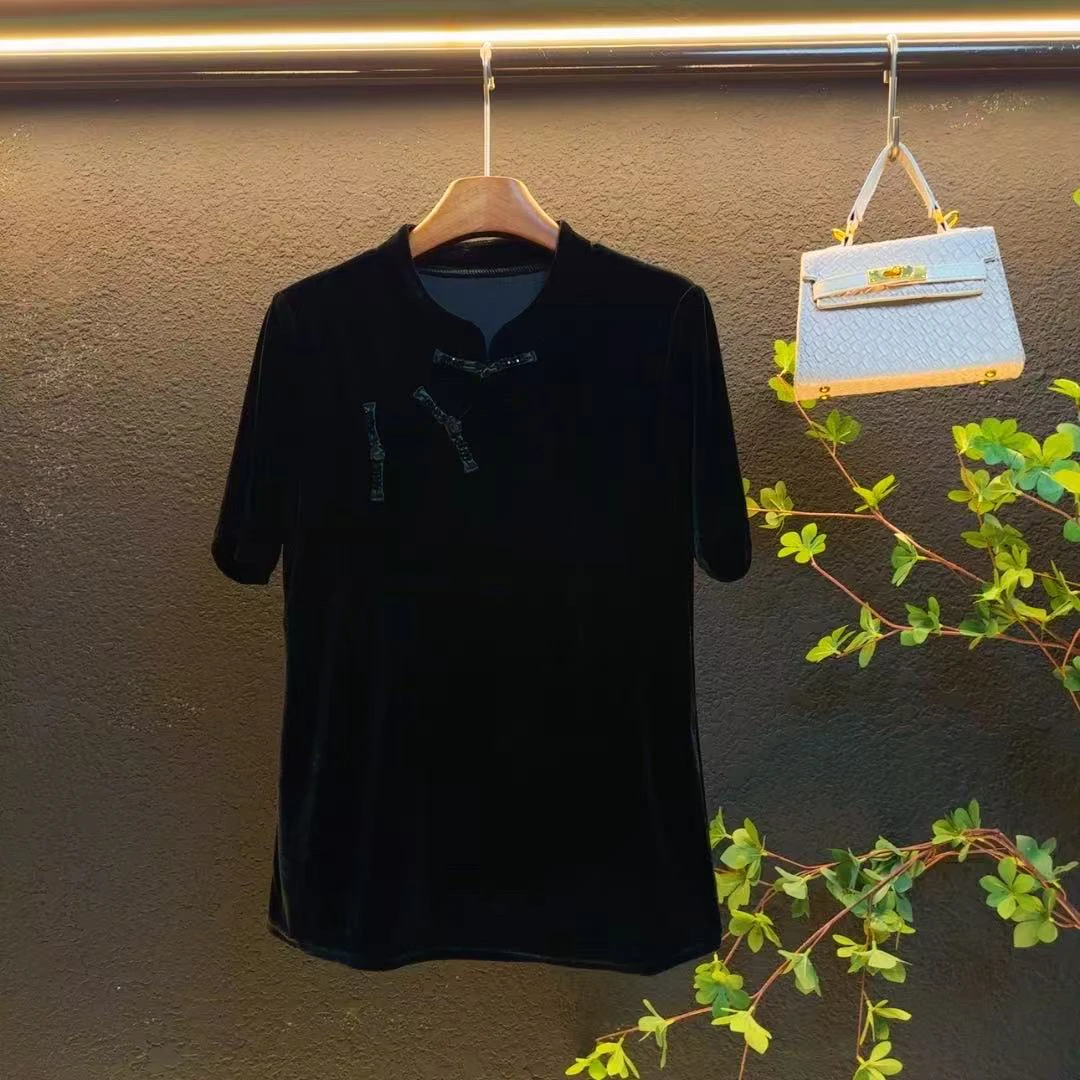 新款大码2025中式国风纽帕百搭洋气丝绒半袖/33162