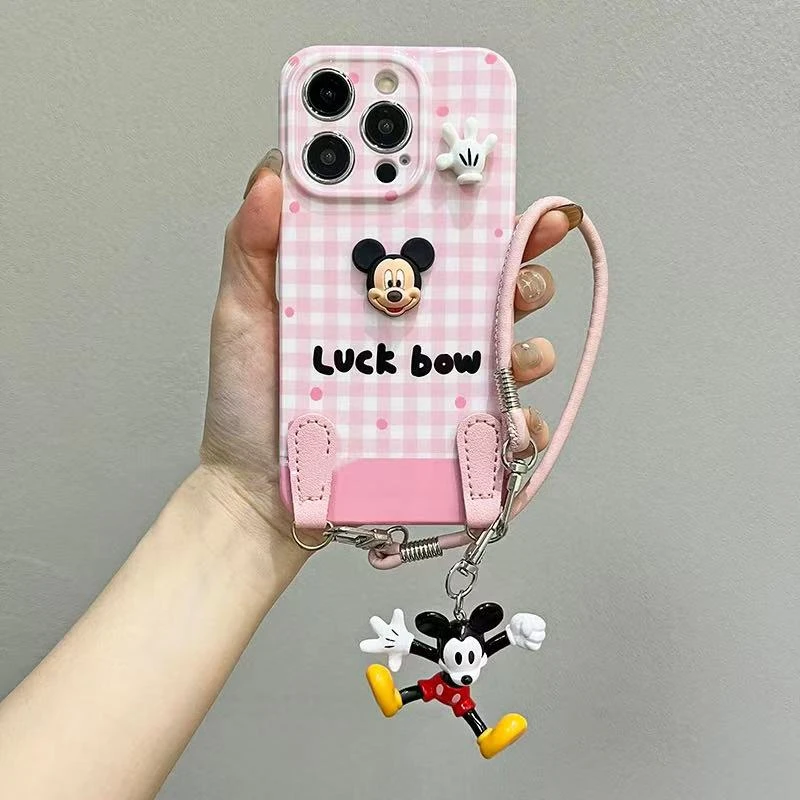 卡通格纹米奇手掌手绳适用iPhone16手机壳苹果华为荣耀OPPOvivo新