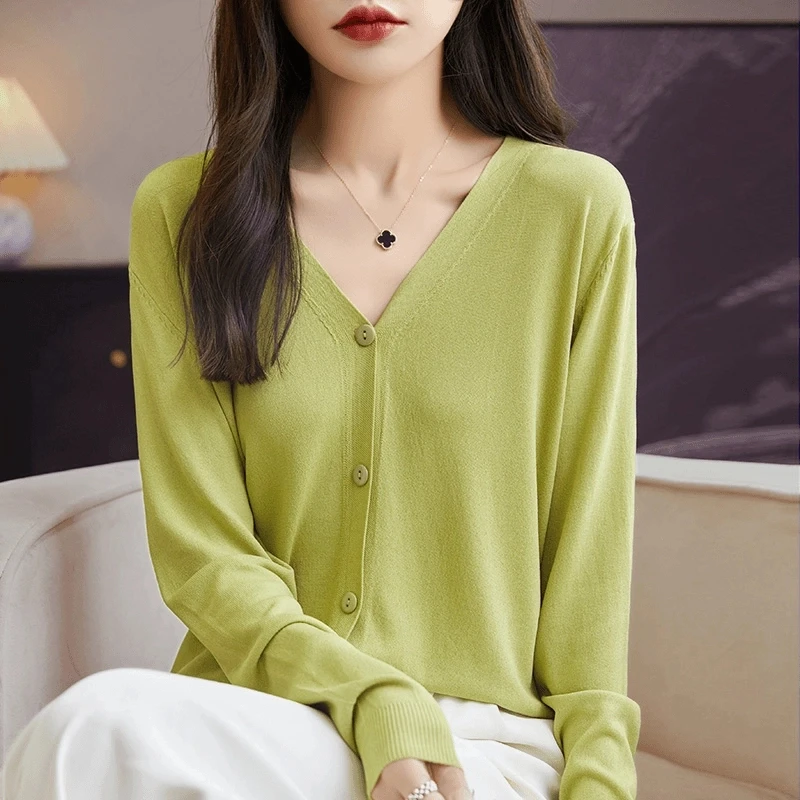 薄款开衫女针织2025夏冰丝长袖针织衫外套宽松V领大码外搭空调衫