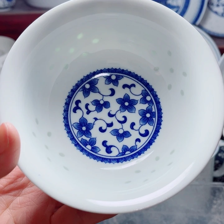 青花玲珑5寸饭碗紫荆花无花