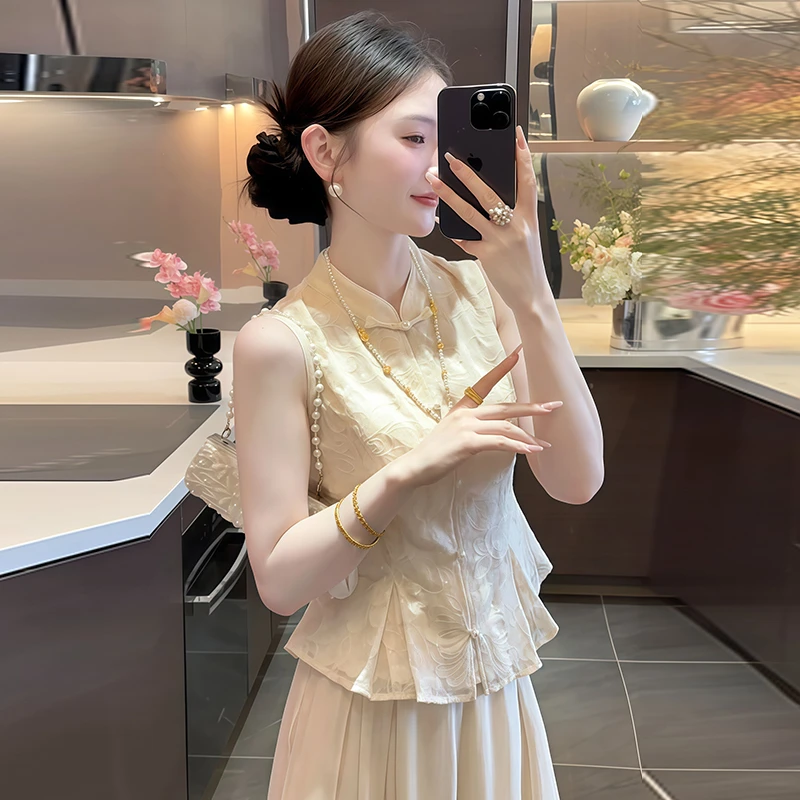 新中式国风时尚套装女2025年夏季新款复古盘扣刺绣衬衫阔腿裤两件