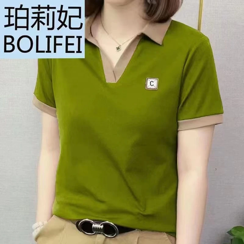 823绿色夏季简约百搭时尚洋气纯色翻领短袖T恤女式上衣POLO小衫