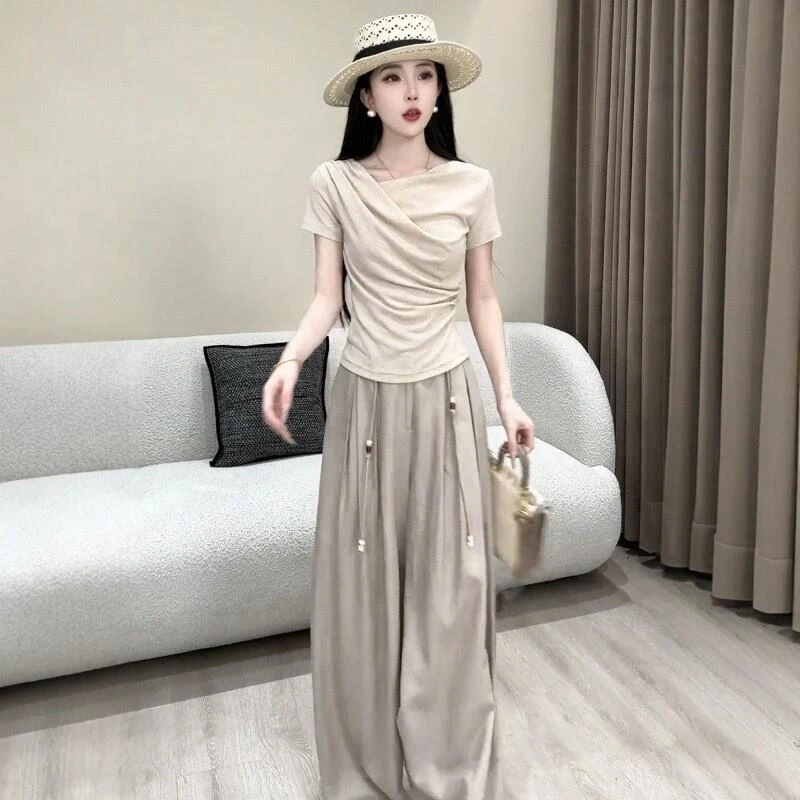 今年夏季新款韩版时尚褶皱短袖上衣搭高腰显瘦阔腿裤休闲两件套装