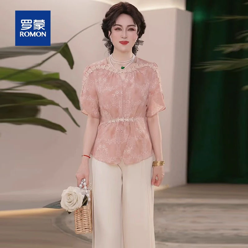 罗蒙中年妈妈夏装新款薄款小衫套装时尚中老年女装洋气T恤衫上衣