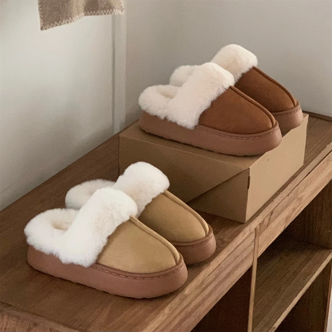 时尚保暖舒适防滑冬天居家棉拖鞋新款厚底ins女士毛绒雪地靴拖鞋