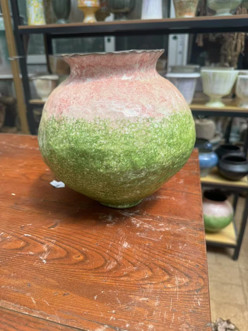 艺术感粉绿石榴瓶口花瓶插鲜花仿真花专用高22口13