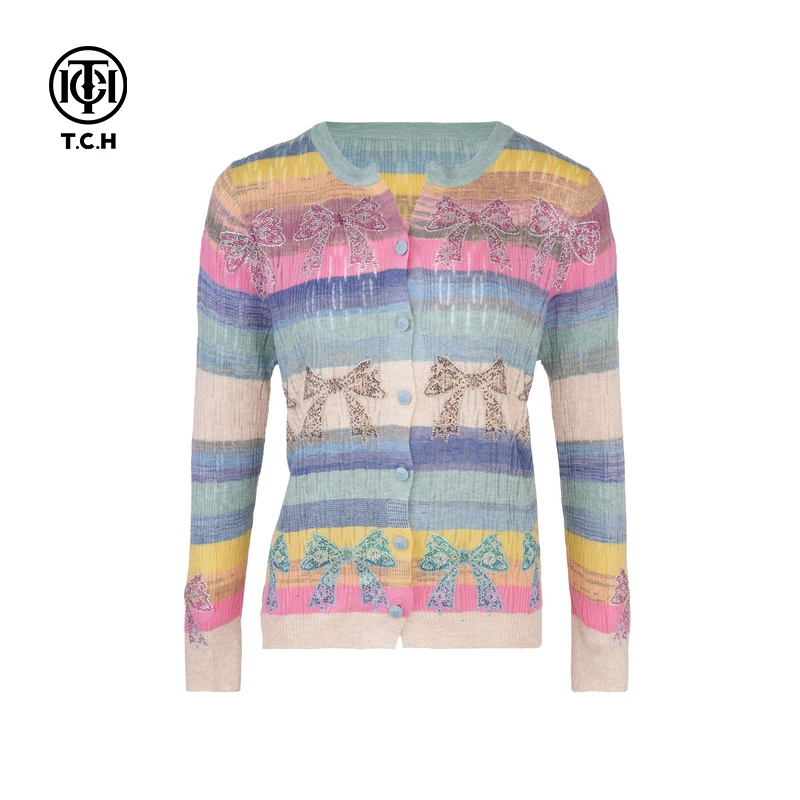 TCH-烫钻蝴蝶结撞色圆领小众温婉风休闲针织开衫T75A43E5007