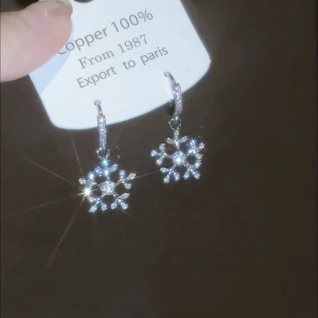 铜合金耳饰 闪锆雪花珍珠耳扣耳环法式复古小众轻奢耳钉