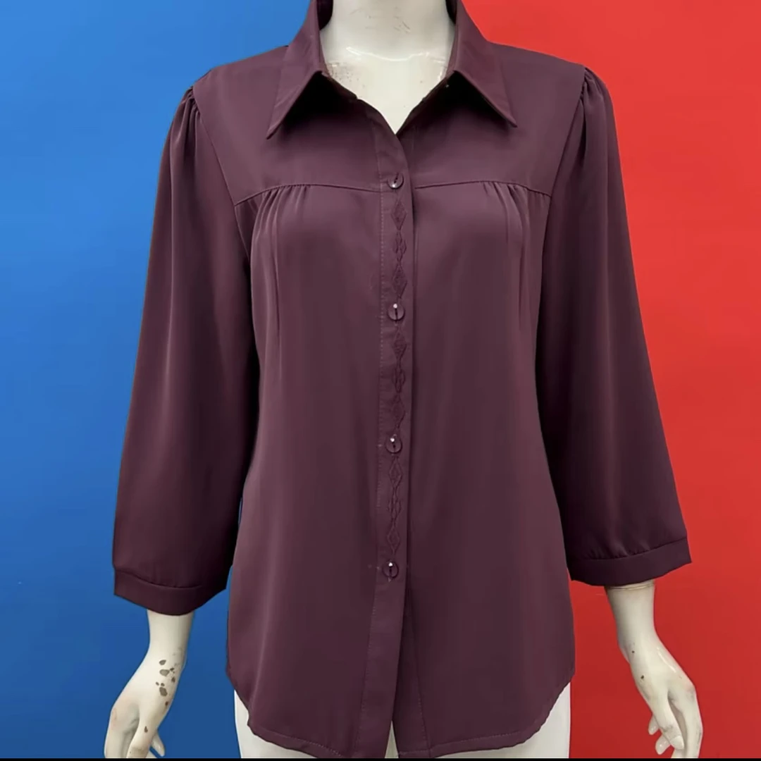 夏季新款超薄翻领时尚洋气高档色宽松丝滑分袖衬衣开衫女士上衣