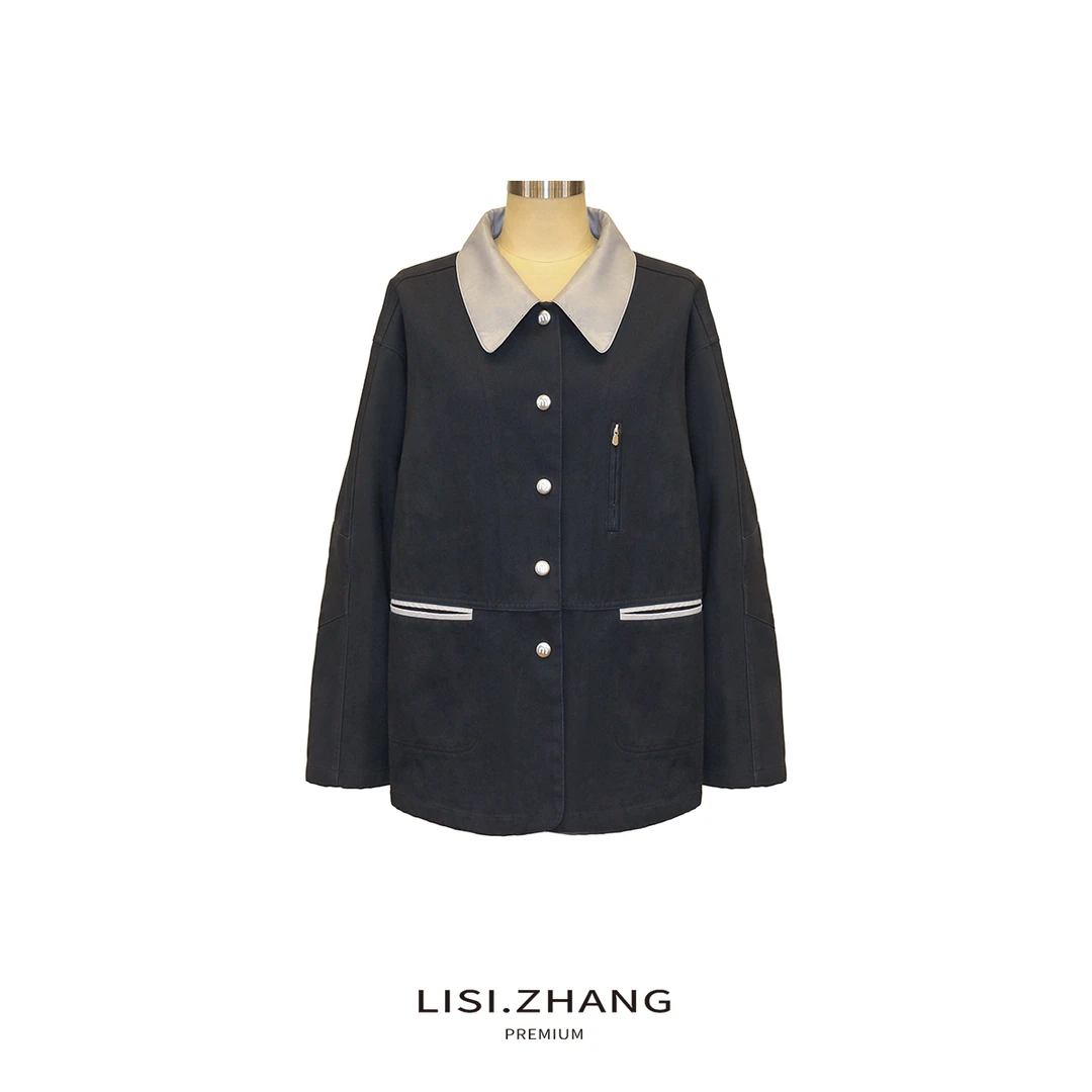 LISI.ZHANG--【全棉外套】复古质感撞色小翻领拉链口袋短外套