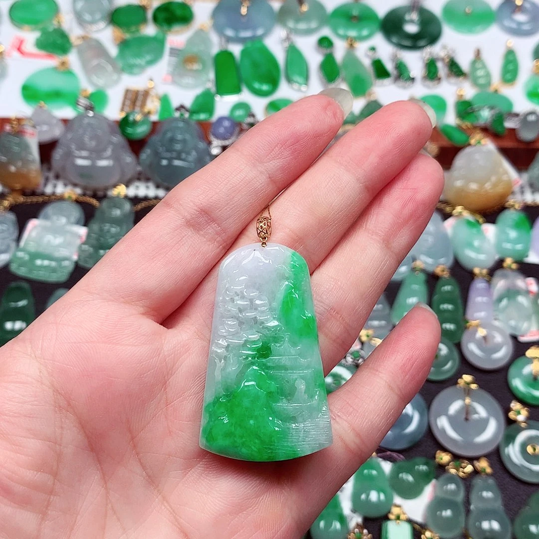 翡翠18K金镶嵌吊坠(不含链)天然翡翠A货