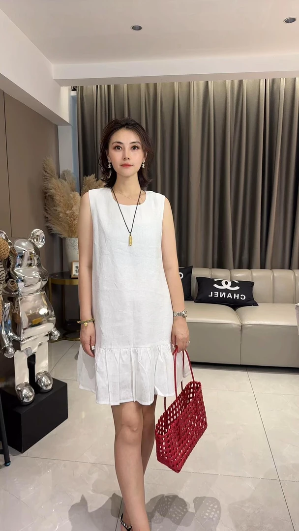 夏季纯色100亚麻极简风女装拼接休闲风设计师连衣裙时尚