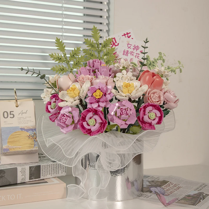 积木花束2025新款粉黛花束积木花桶女生高级感送女友闺蜜520礼物
