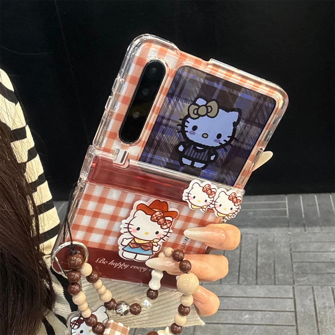 适用华为purax典藏版折叠屏手机壳pocket2酒红格纹kt猫蝴蝶结链条