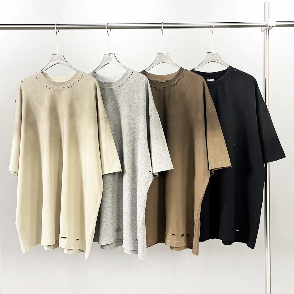 刀割破坏穿窿个性街头短袖oversize落肩水洗做旧复古渐变短袖t恤