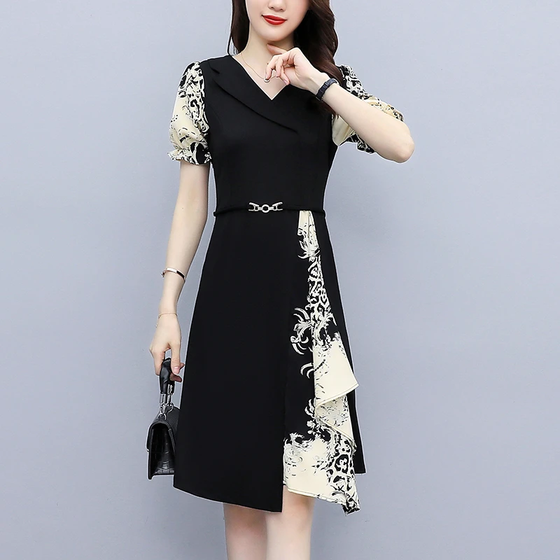 夏天连衣裙新款气质v领洋气裙子大码女装高端时尚短袖A字