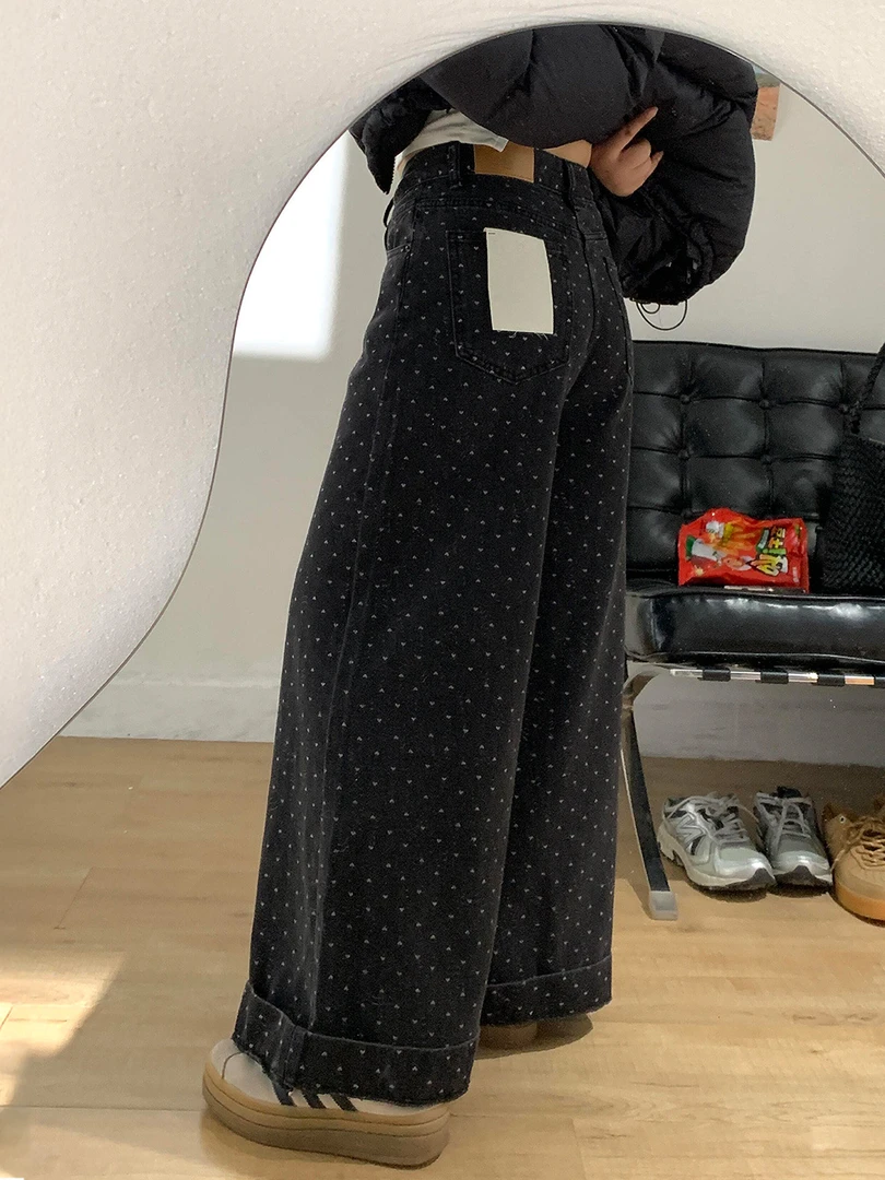 黑色复古爱心阔腿牛仔裤女秋冬加绒大码胖mm宽松遮胯高腰垂感裤子