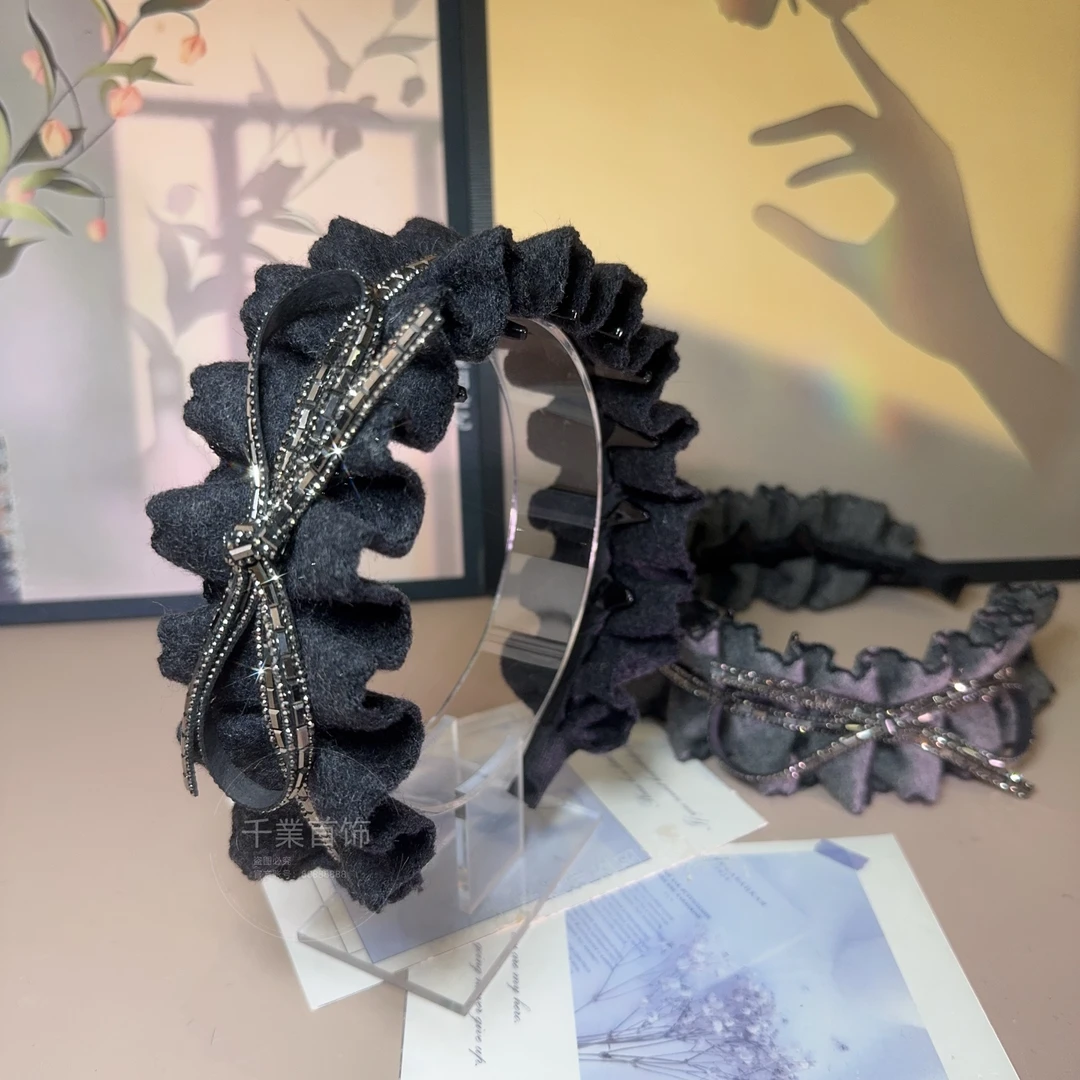 韩版黑丝绒褶皱满钻蝴蝶结高颅顶减龄气质百搭发箍T0977