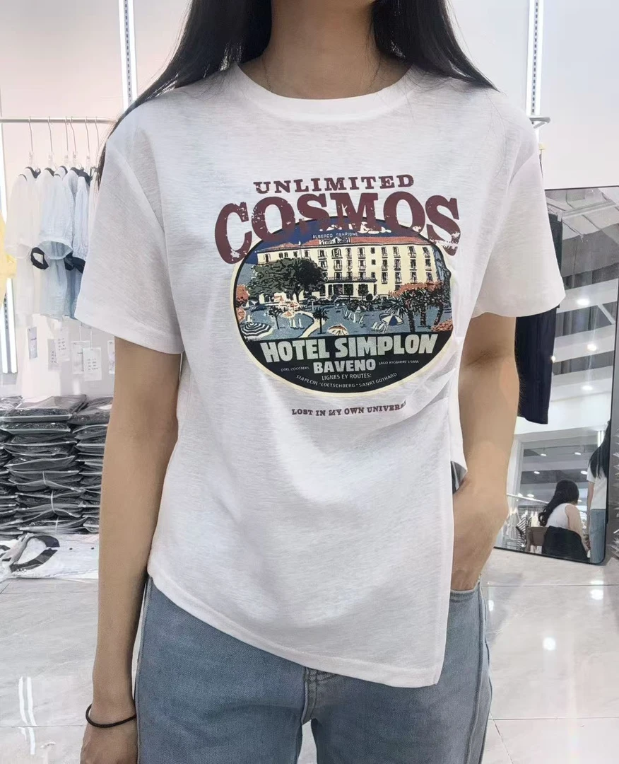 夏季新款印花圆领短袖褶皱不规则T恤女8990#衣长60