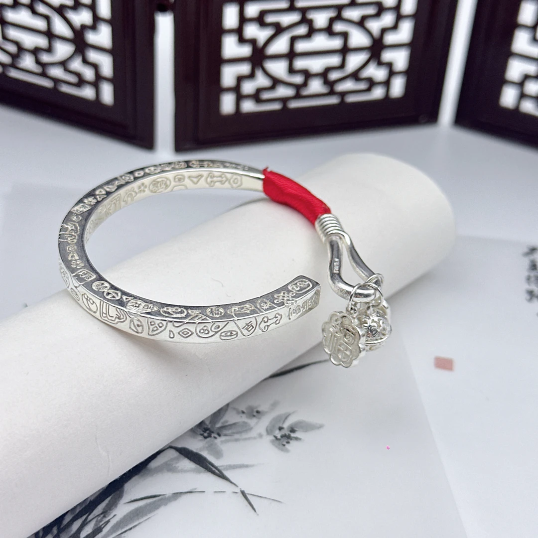 吉言银手镯女银9999新中式古风宫铃筷子镯开口银镯子时尚精美