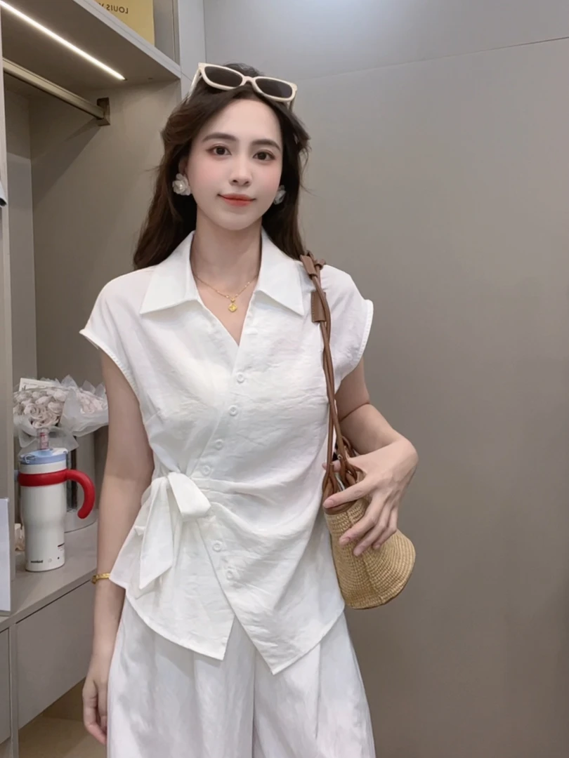 敏敏推荐【茉海听风】韩系翻领飞飞袖不规则系带收腰衬衫女夏8531