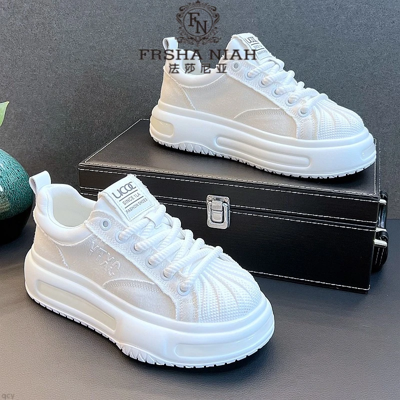 法莎尼亚板鞋夏季贝壳头小白鞋潮流百搭透气白色帆布增高休闲潮鞋