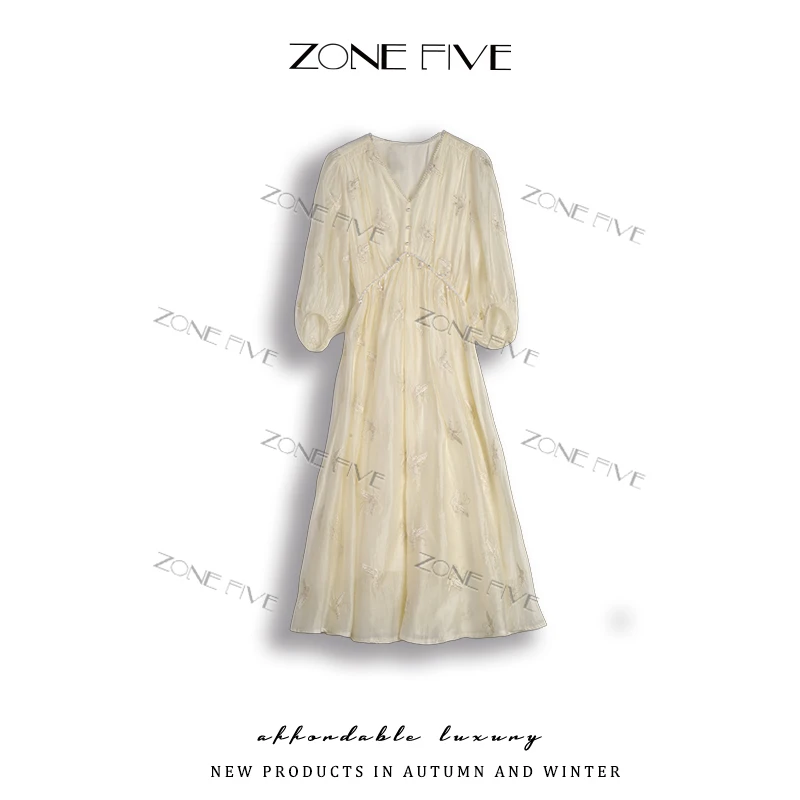 【zonefive】8005 新款法式七分袖金蝴蝶仙女气质温柔显瘦连衣裙