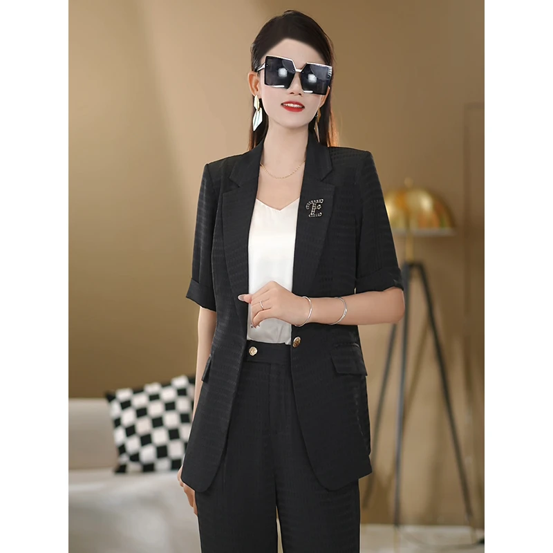 【卓曼定制】2025夏季新款黑色薄款洋气气质时尚通勤短袖套装
