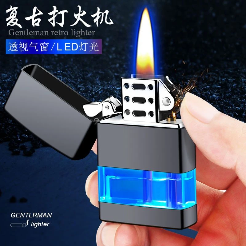 新款透明炫酷创意防风砂轮打火机金属led发光炫酷打火机男士用品